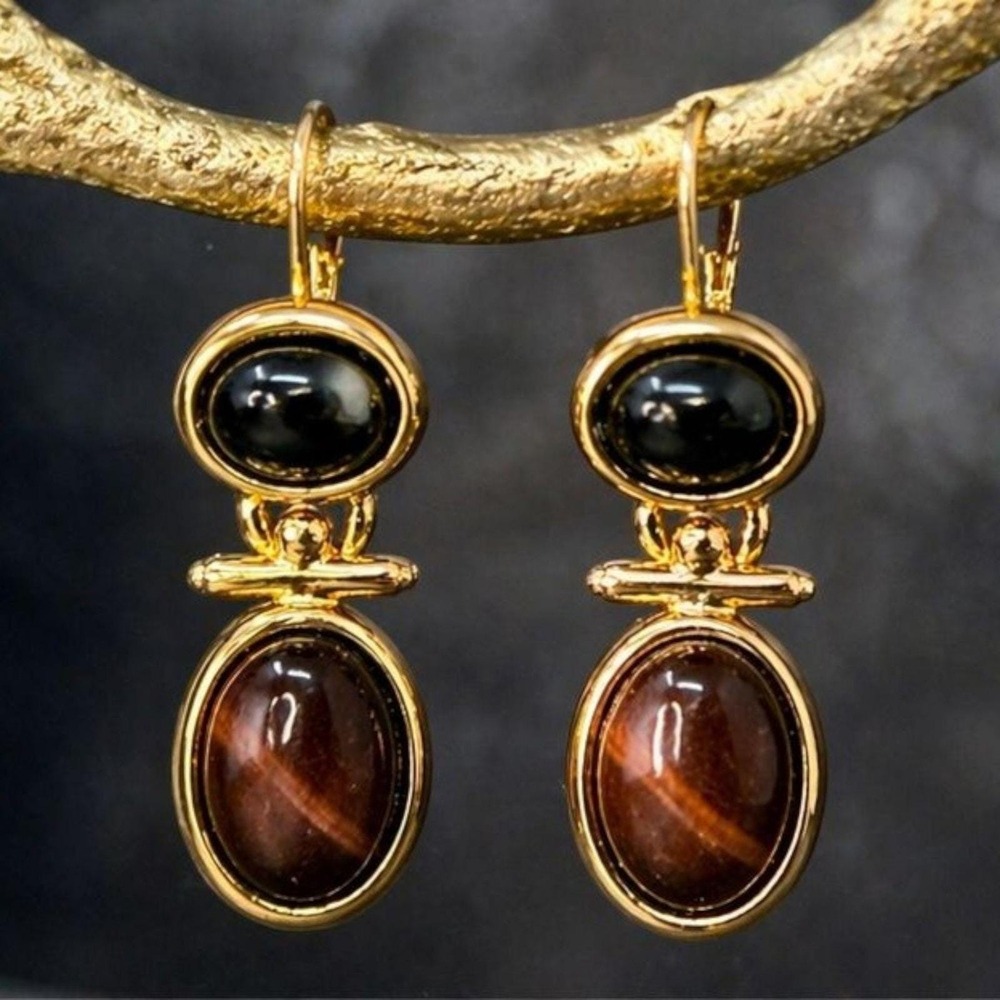 Vintage Weingeroff Gold Black Amber Drop Earrings Leverback 1980s New Old Stock